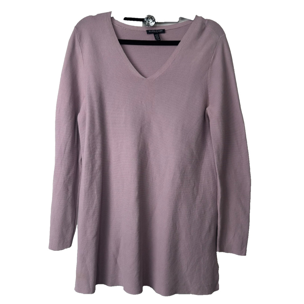 Eileen Fisher Size PM Purple Organic Cotton V-Neck Sweater Made in USA Tunic C26